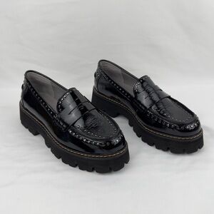 Donald Pliner  Black Patent Leather Platform Penny Loafer Sz 7M Stud Lug Sole